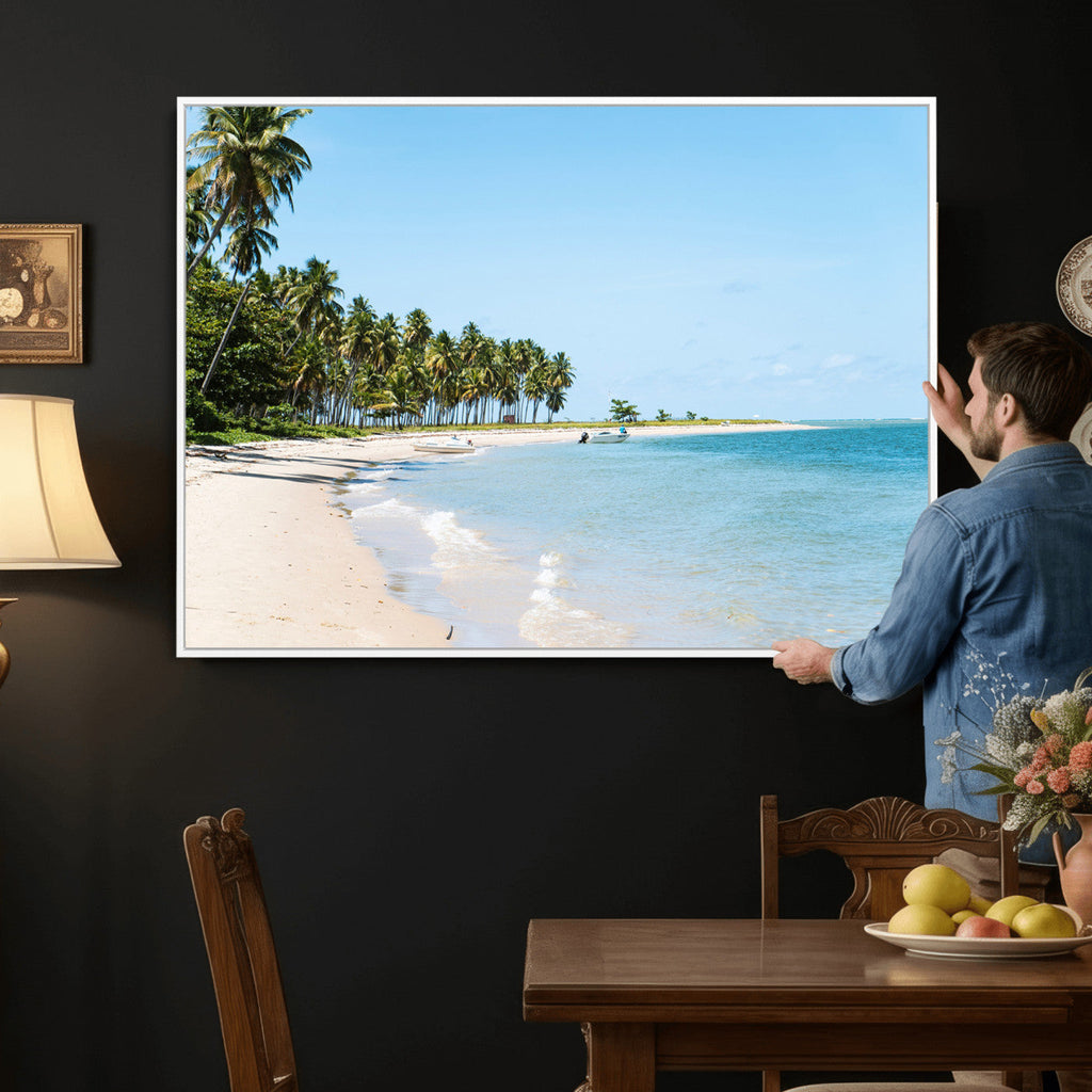 Palm Tree Coast Wall Art Canvas Print, Framed Island Getaway with Crystal Blue Water