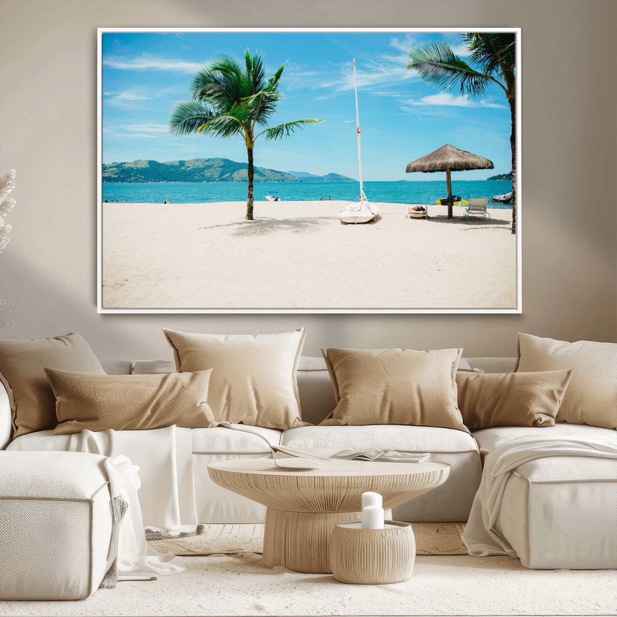 Tropical Beach Wall Art Canvas Print, Framed Palm Tree Ocean View with Calm Waves