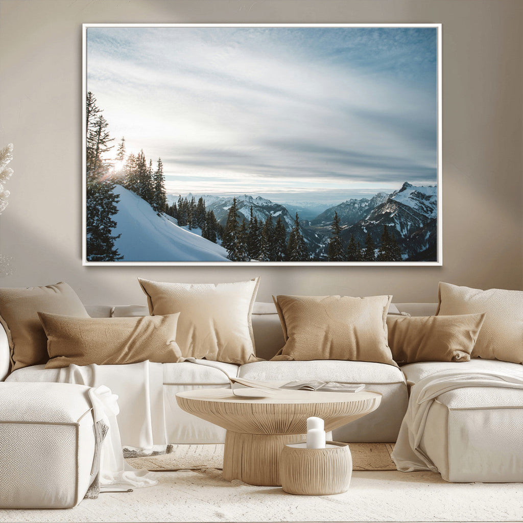 Snowy Mountains Wall Art Canvas Print, Framed Alpine Landscape Frosty Peaks Artwork