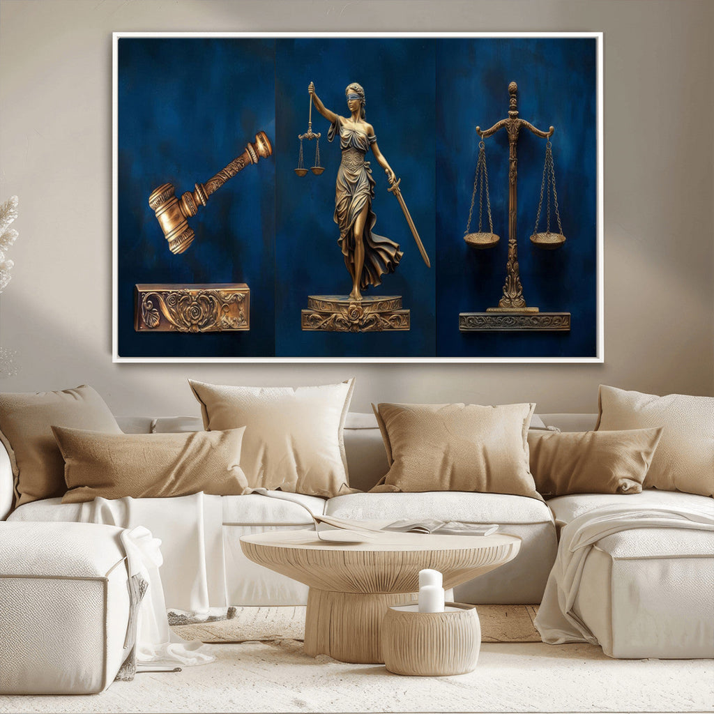 Lady Justice Wall Art Canvas Print, Elegant Gold Legal Symbols on Blue, Law Office Decor