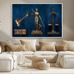 Lady Justice Wall Art Canvas Print, Elegant Gold Legal Symbols on Blue, Law Office Decor