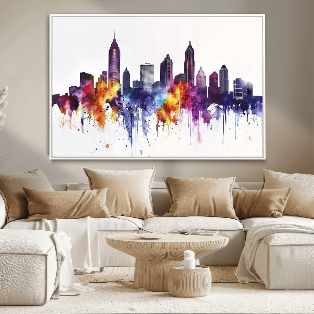 Atlanta Skyline Wall Art Canvas Print, Framed Colorful Watercolor Cityscape