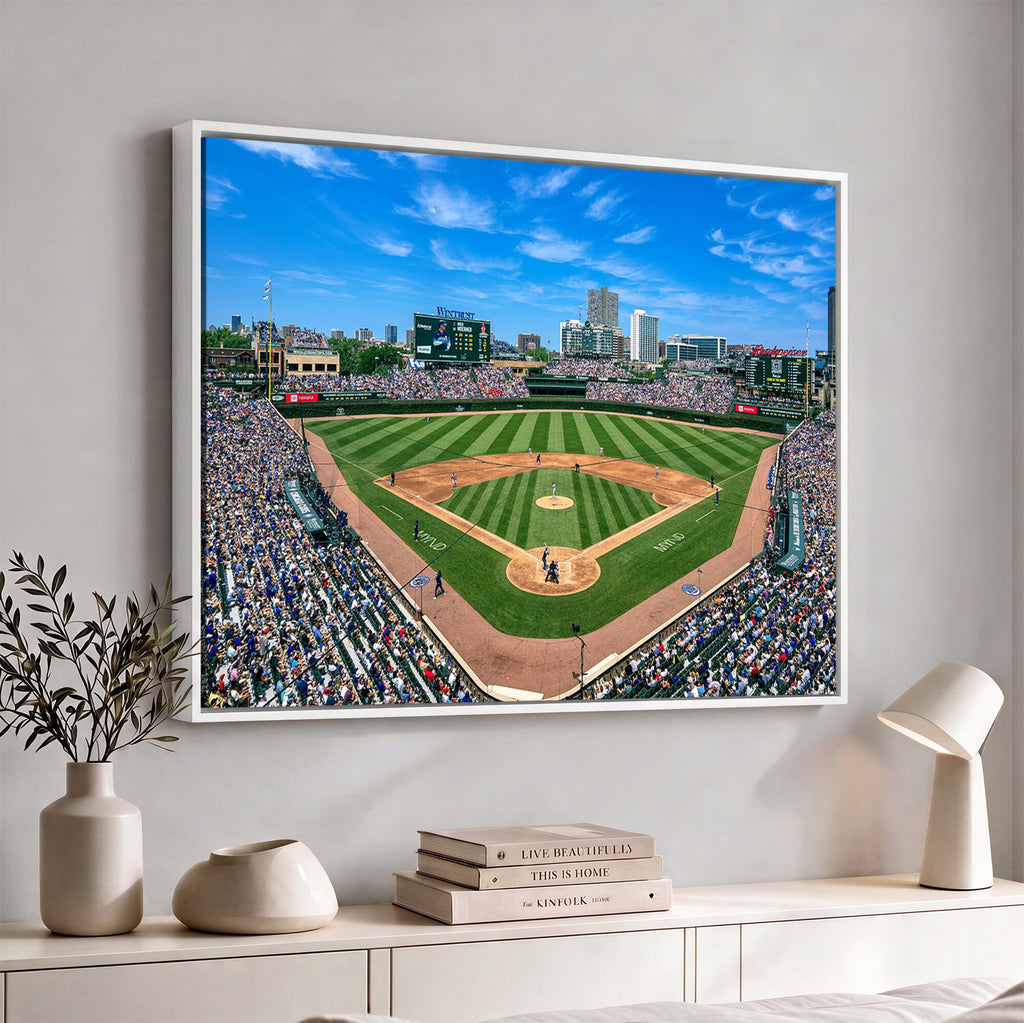 Wrigley Field Baseball Stadium Canvas Wall Art, Packed Crowd and Chicago Skyline
