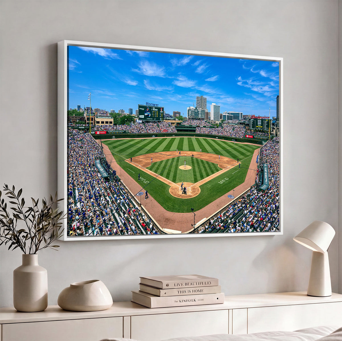Wrigley Field Baseball Stadium Canvas Wall Art, Packed Crowd and Chicago Skyline