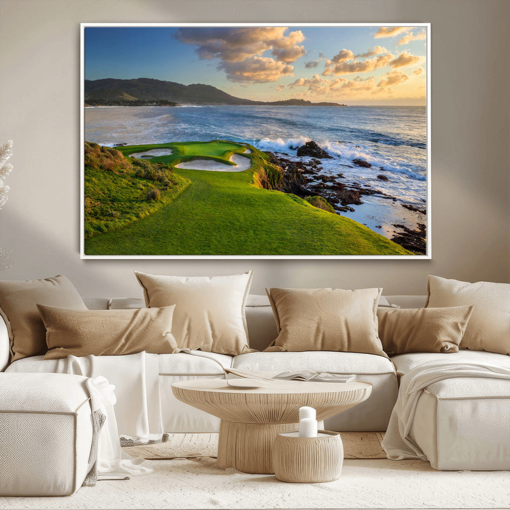 Coastal Golf Course Wall Art Canvas Print, Sunset with Rolling Green Fairways and Ocean Waves