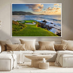Coastal Golf Course Wall Art Canvas Print, Sunset with Rolling Green Fairways and Ocean Waves