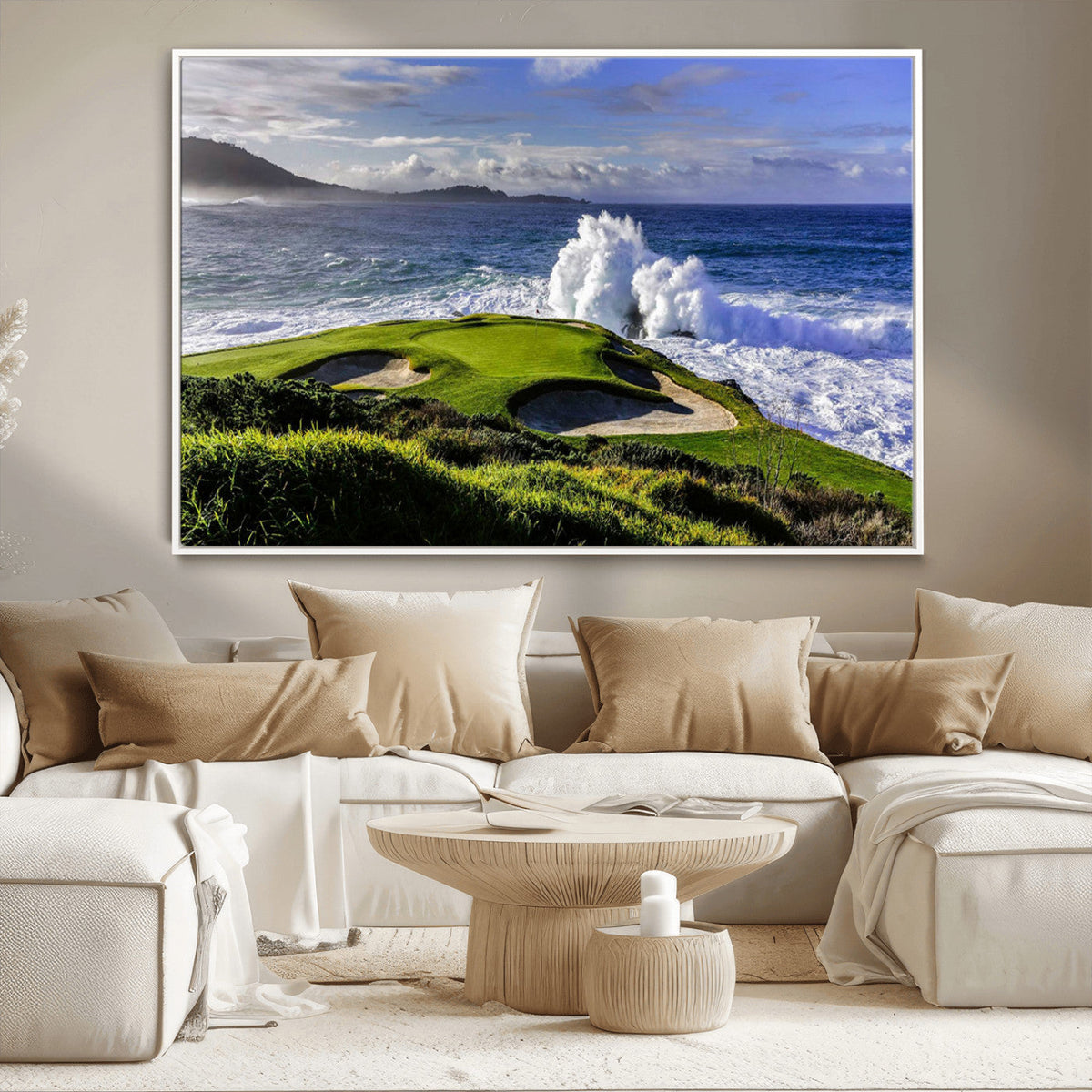 Ocean Waves Crashing Wall Art Canvas Print, Dramatic Rocky Coastline Near a Golf Course