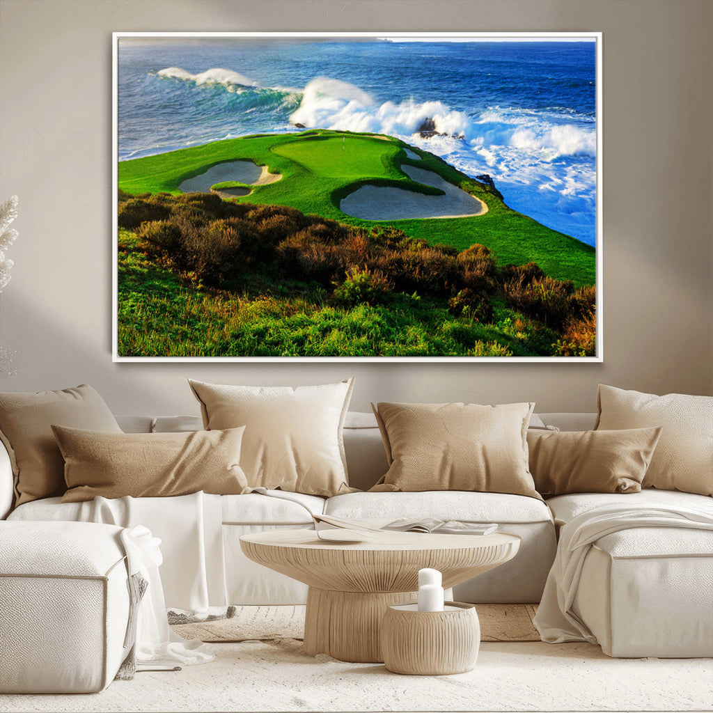 Coastal Golf Course Wall Art Canvas Print, Vibrant Green with Sand Bunkers and Ocean Waves
