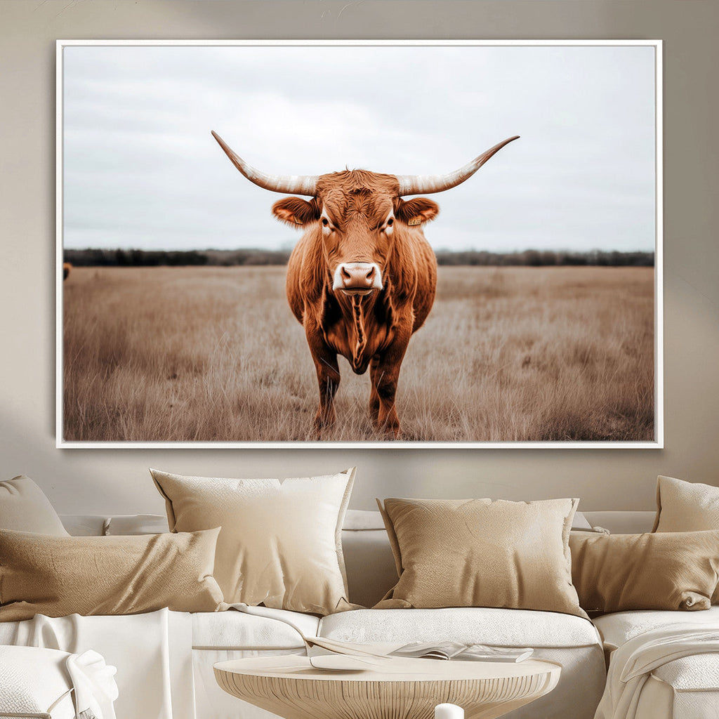 Longhorn Bull Wall Art Canvas Print, Framed Rustic Decor