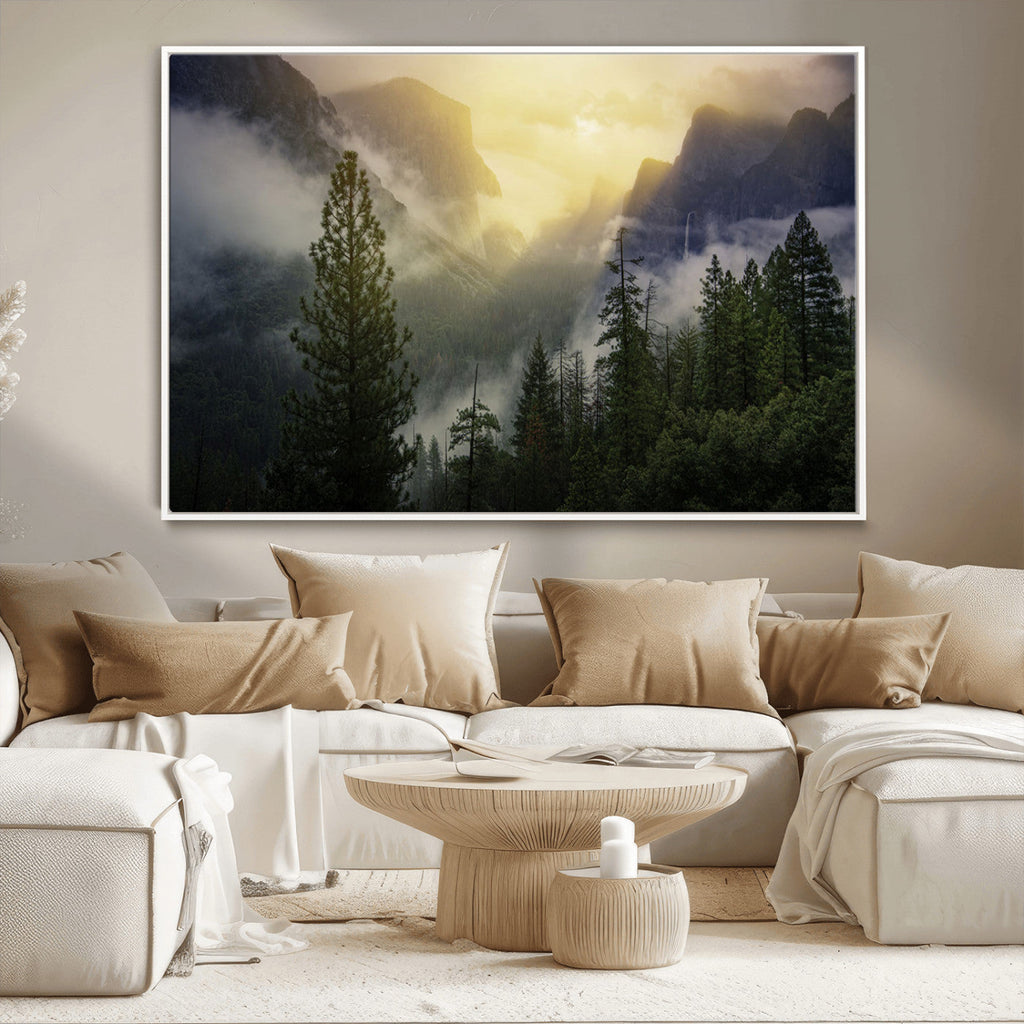 Misty Forest Sunrise Wall Art Canvas Print, Framed Mountain Valley Pine Trees