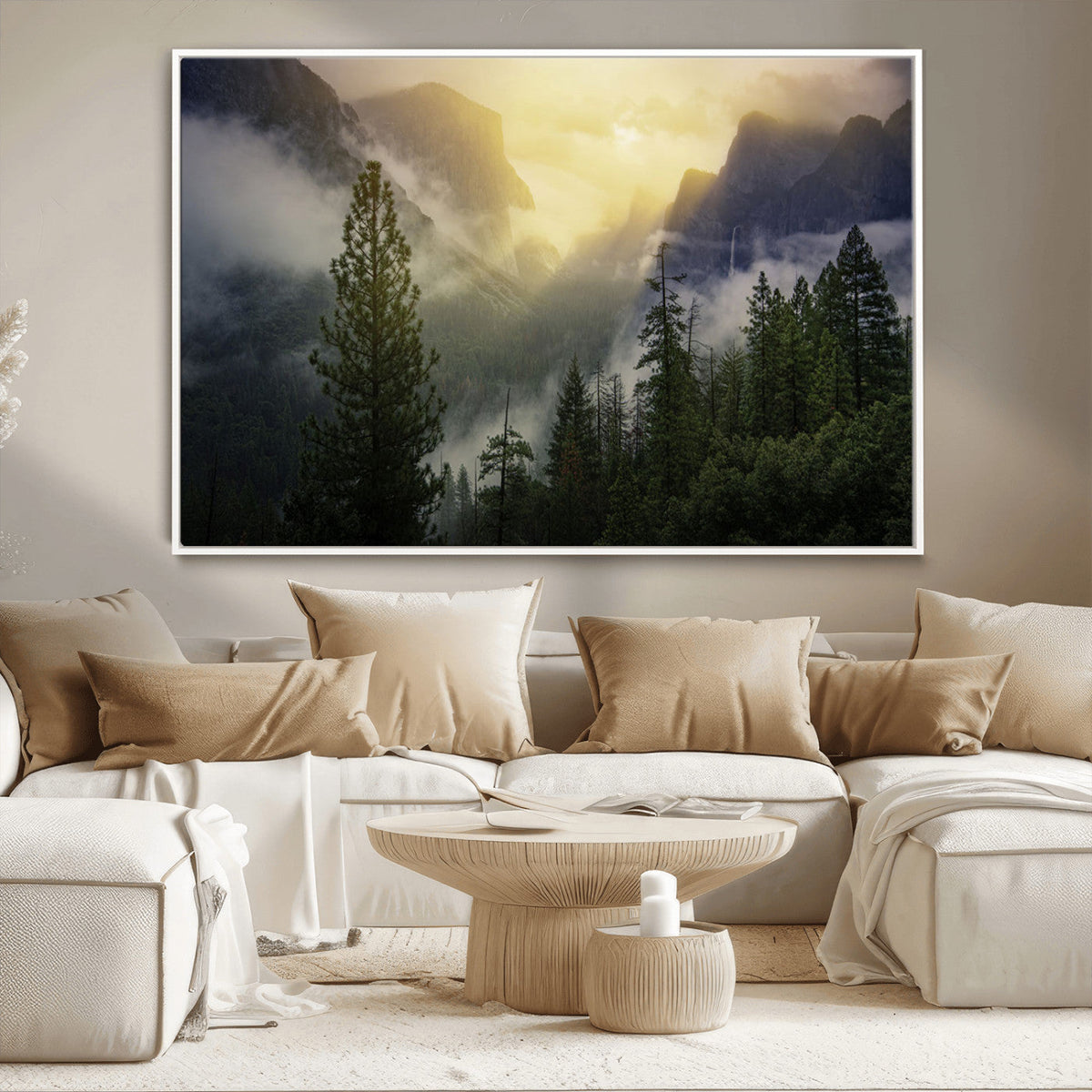 Misty Forest Sunrise Wall Art Canvas Print, Framed Mountain Valley Pine Trees