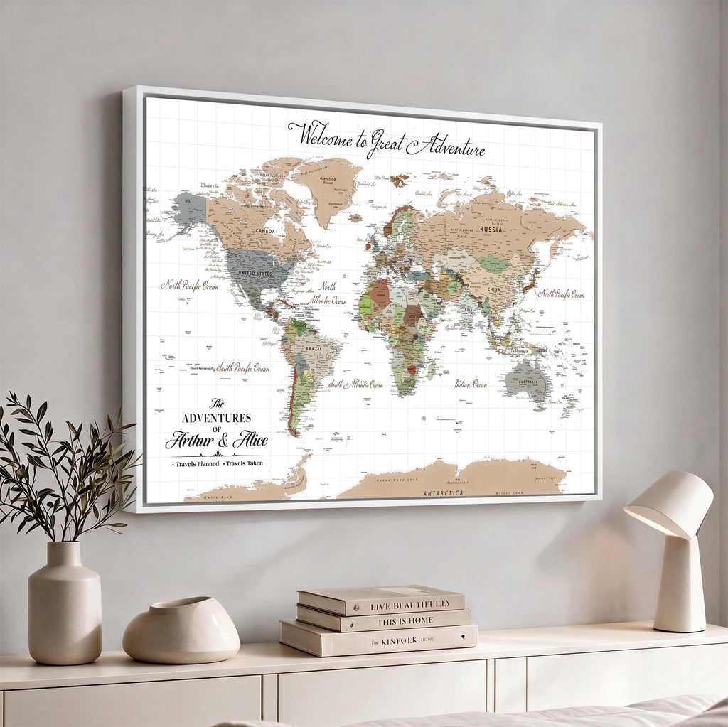 Custom Beige Push Pin World Map Wall Art, Bucket List Map, Study and Hallway Decor