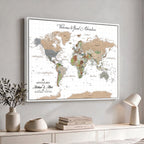 Custom Beige Push Pin World Map Wall Art, Bucket List Map, Study and Hallway Decor
