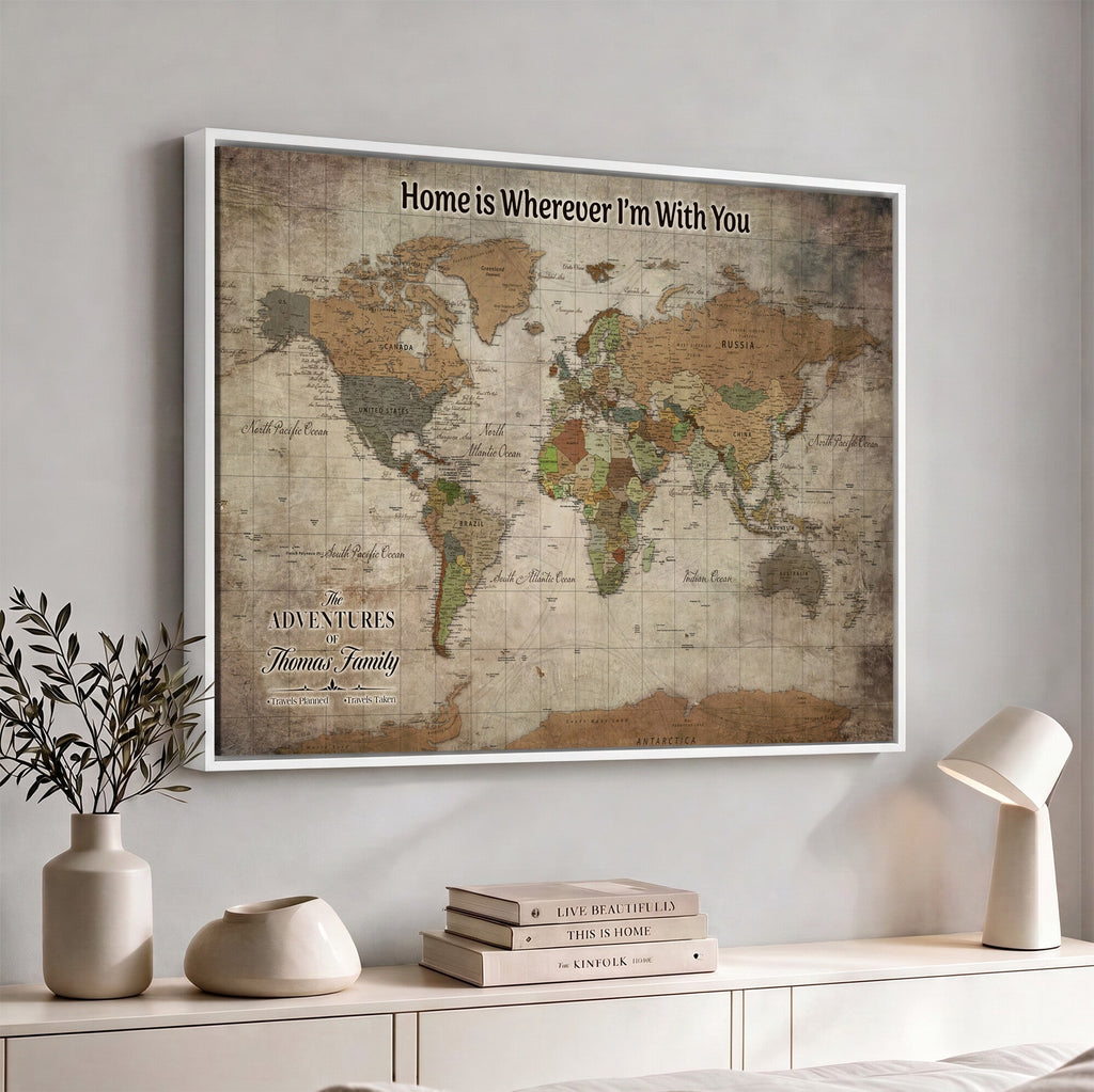 Personalized Beige Geometric World Map Canvas with Push Pins, Next Trip Planner Map, Study and Entryway Decor
