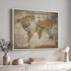Personalized Beige Geometric World Map Canvas with Push Pins, Next Trip Planner Map, Study and Entryway Decor