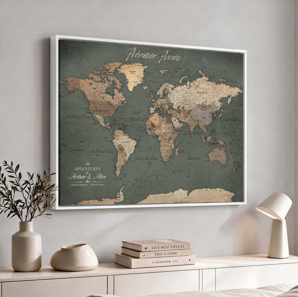 Personalized Framed Beige Modern World Map Canvas with Push Pins, Bucket List Map, Family Room and Dining Room Decor