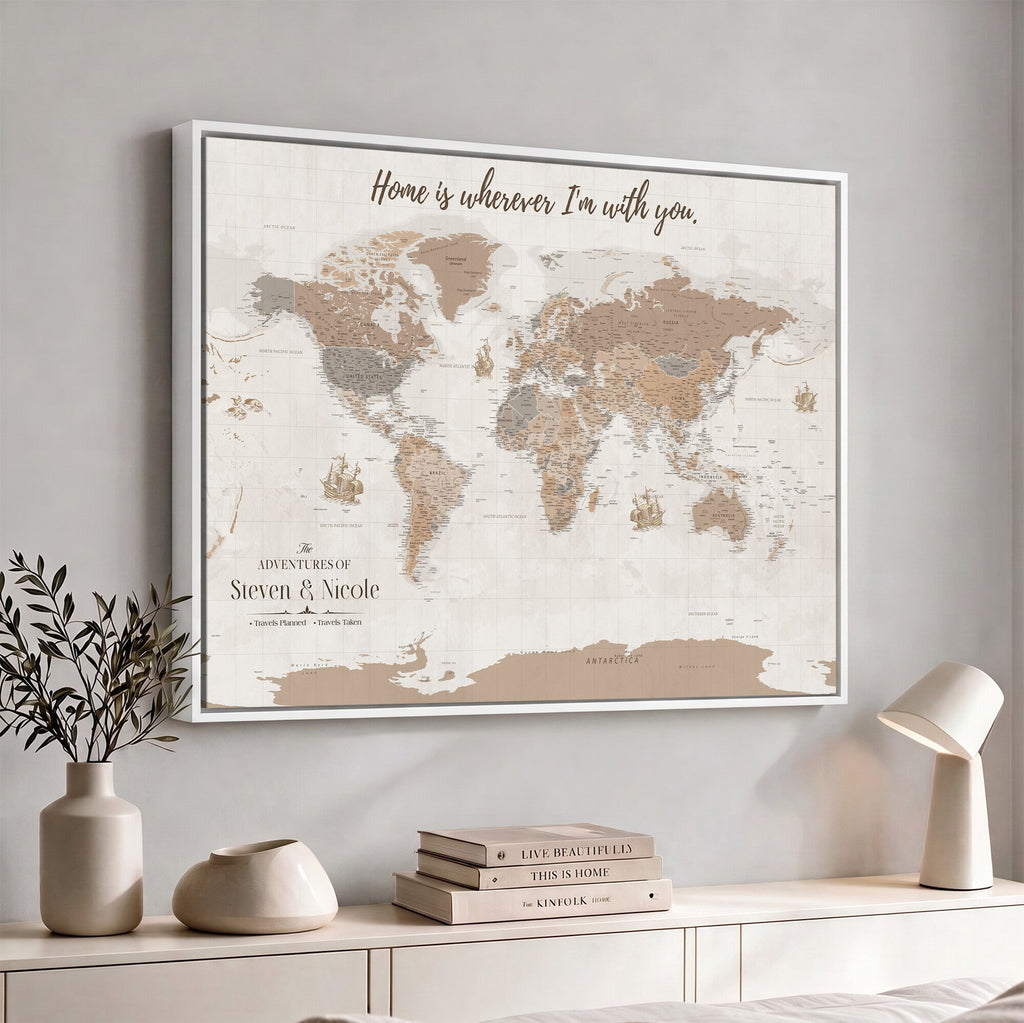 Personalized Beige Geometric Push Pin World Map Canvas Print, Countries Visited Map, Study and Home Office Decor
