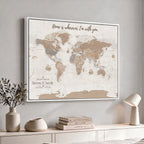 Personalized Beige Geometric Push Pin World Map Canvas Print, Countries Visited Map, Study and Home Office Decor