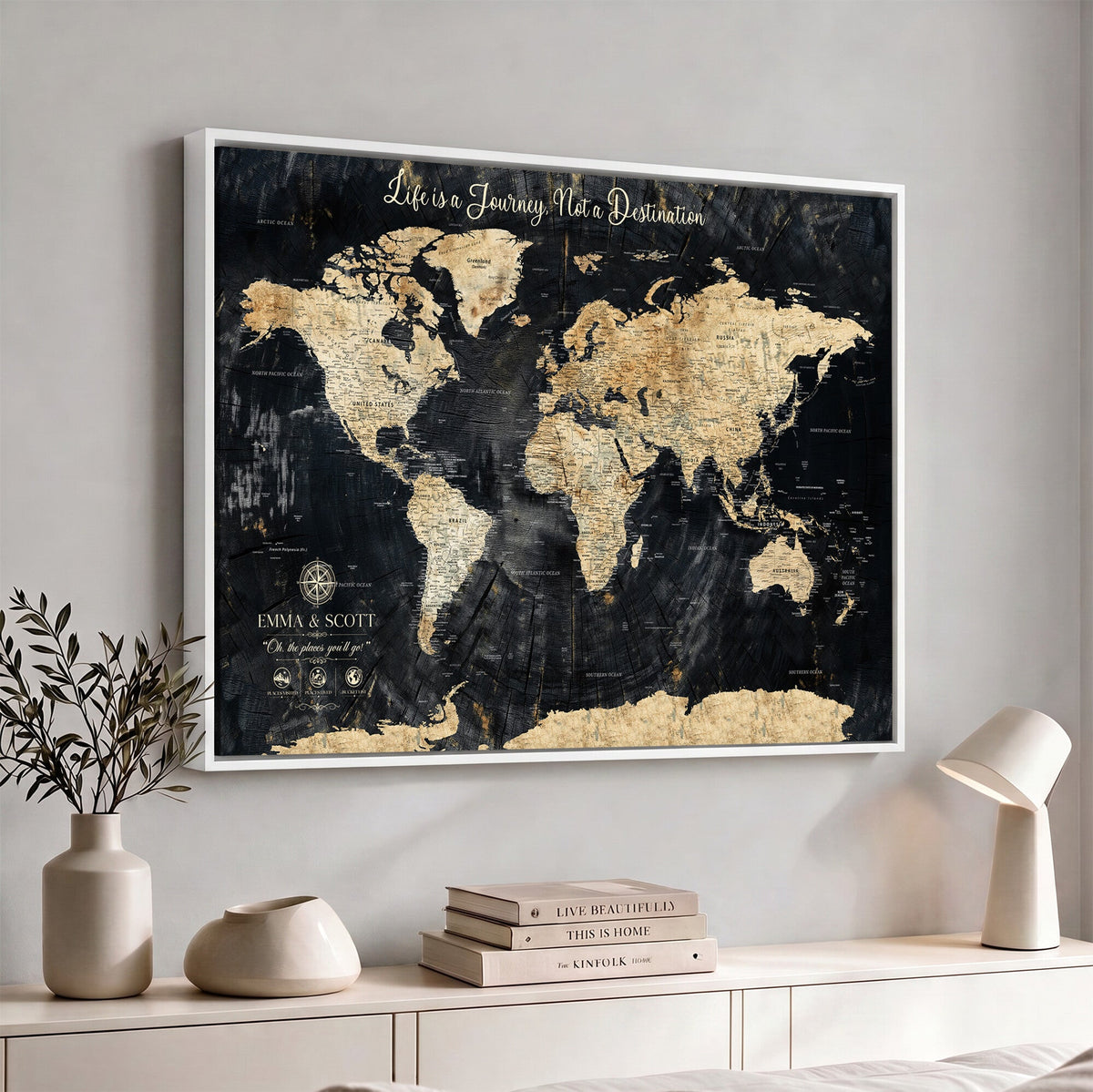 Custom Black Modern Push Pin World Map Wall Art, Next Trip Planner Map, Home Office and Entryway Decor