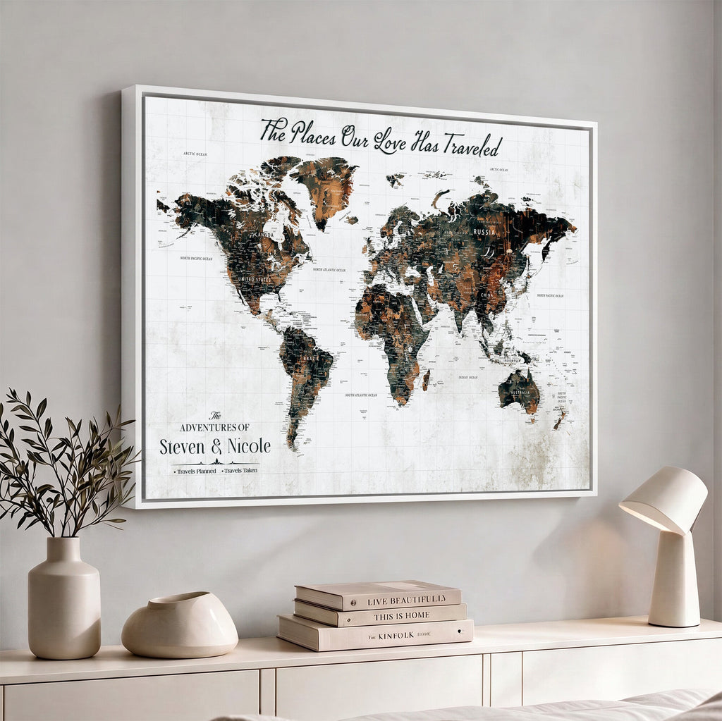 Custom Navy Geometric Push Pin World Map Canvas Print, Bucket List Map, Living Room and Home Office Decor