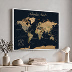Personalized Navy Geometric World Map Canvas with Push Pins, Honeymoon and Anniversary Gift, Home Office and Hallway Decor