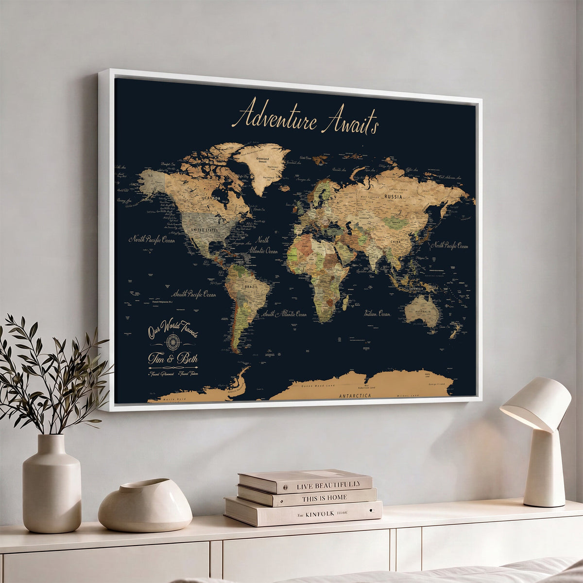Personalized Navy Geometric World Map Canvas with Push Pins, Honeymoon and Anniversary Gift, Home Office and Hallway Decor