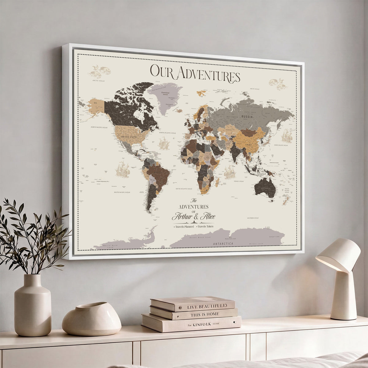 Personalized Travel Tracker Map with Pins, Framed World Map for Home and Office