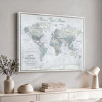 Personalized Beige Antique Push Pin World Map Canvas Print, Family Travel Tracker, Family Room and Entryway Decor
