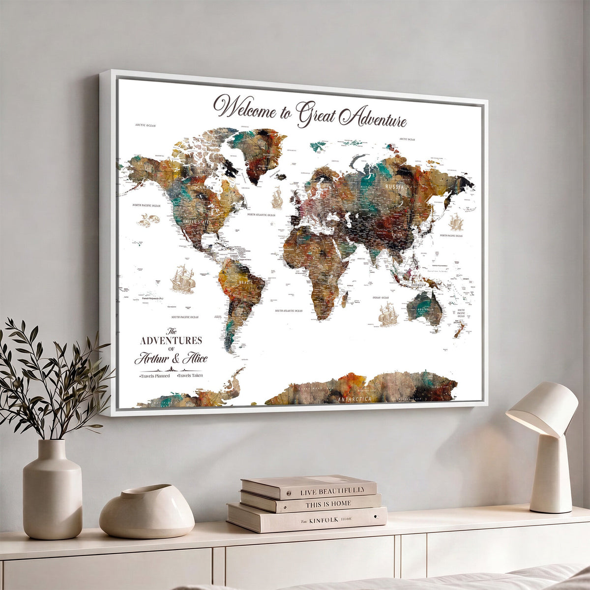 Custom Framed Beige Modern Push Pin World Map Wall Art, Couples Countries Visited Map, Study and Entryway Decor