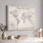 Personalized Beige World Map Canvas with Push Pins, Places Visited Tracker, Family Room and Entryway Decor
