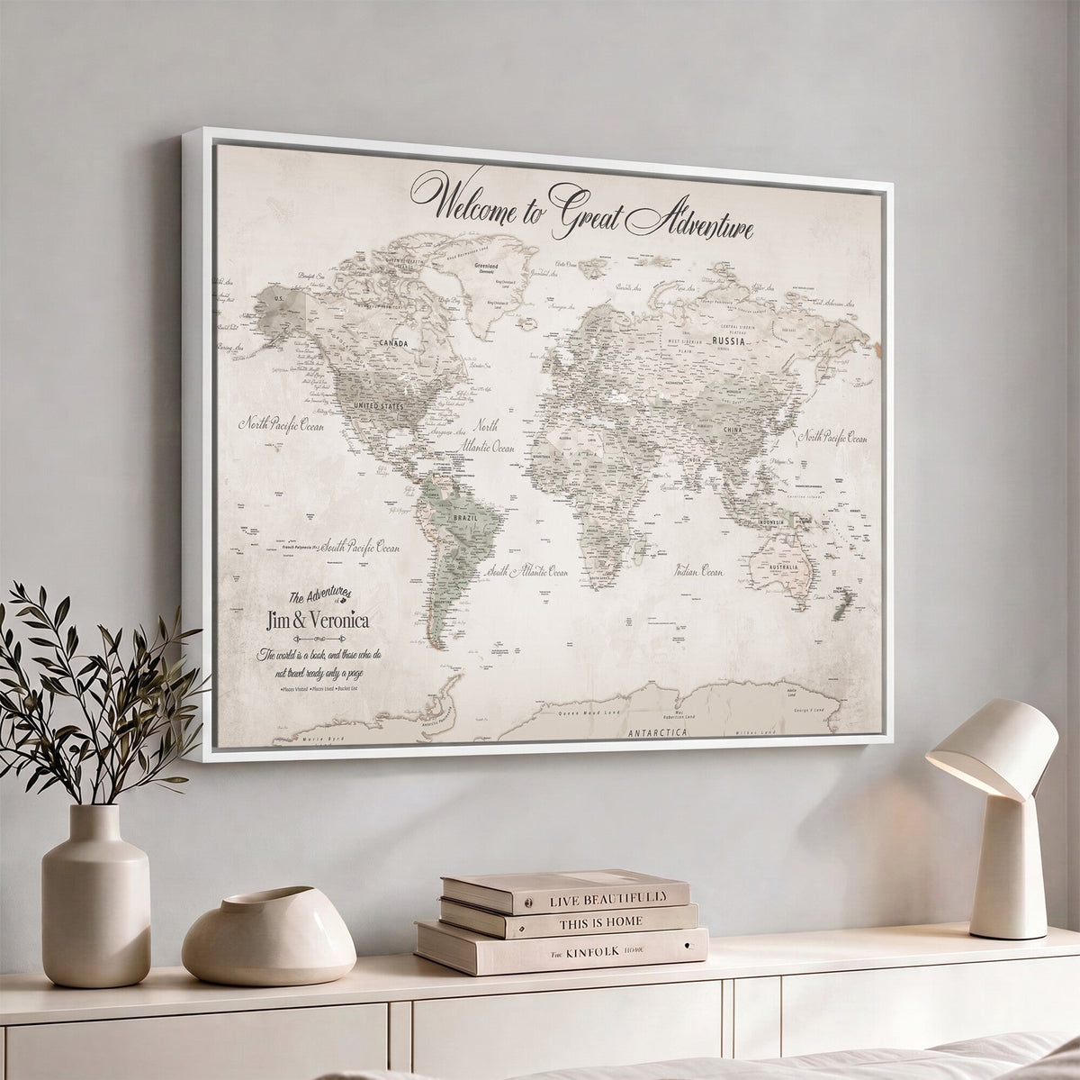 Personalized Beige World Map Canvas with Push Pins, Places Visited Tracker, Family Room and Entryway Decor