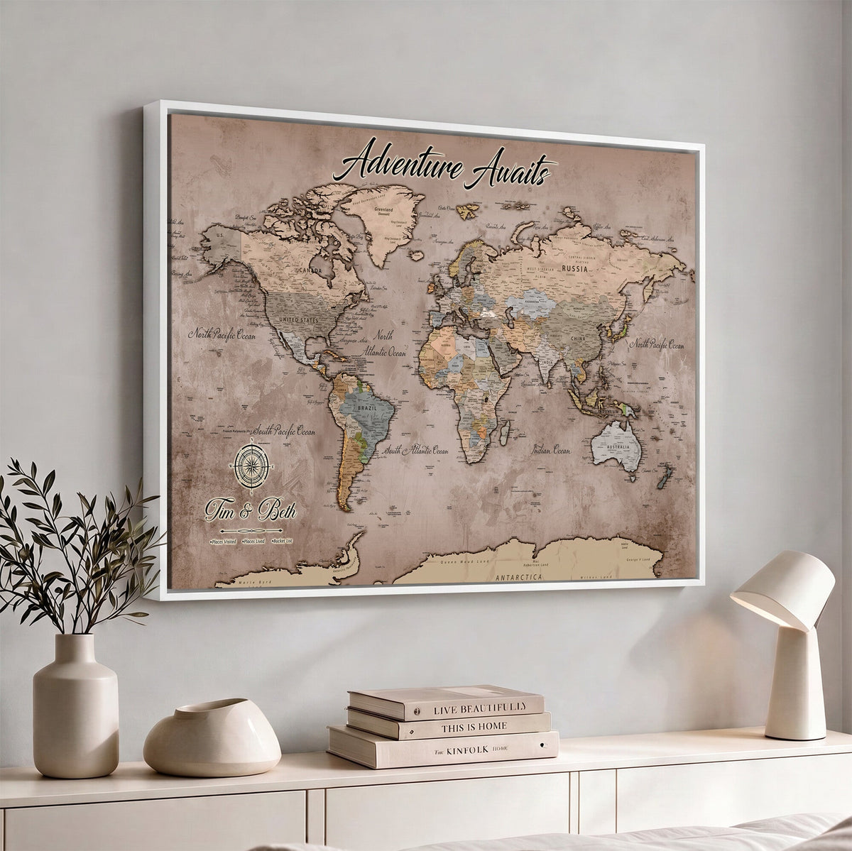 Custom Push Pin World Map Wall Art Canvas Print | Personalized Travel Tracker