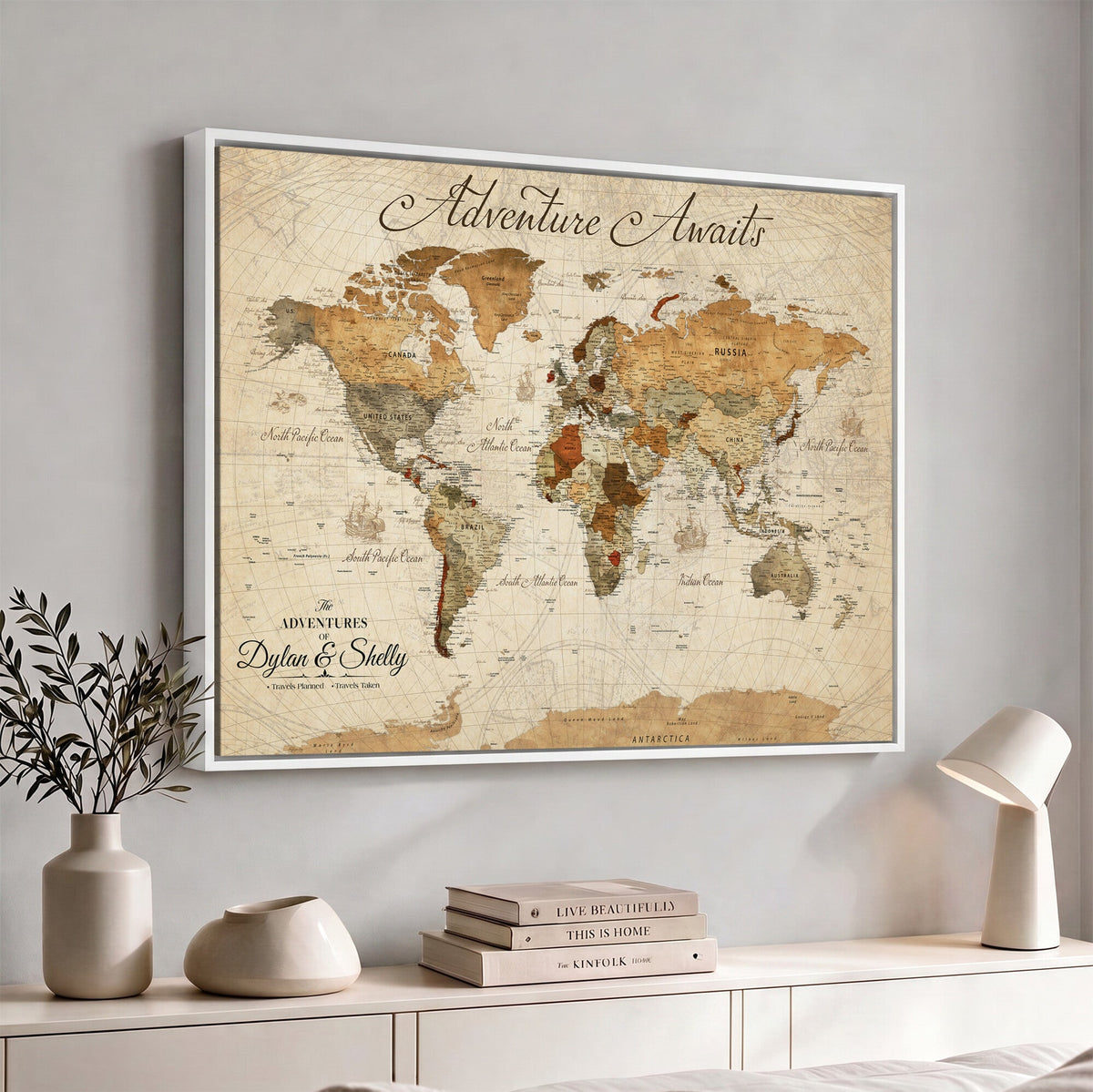 Personalized Black Modern World Map Canvas with Push Pins, Family Travel Tracker, Bedroom and Study Decor