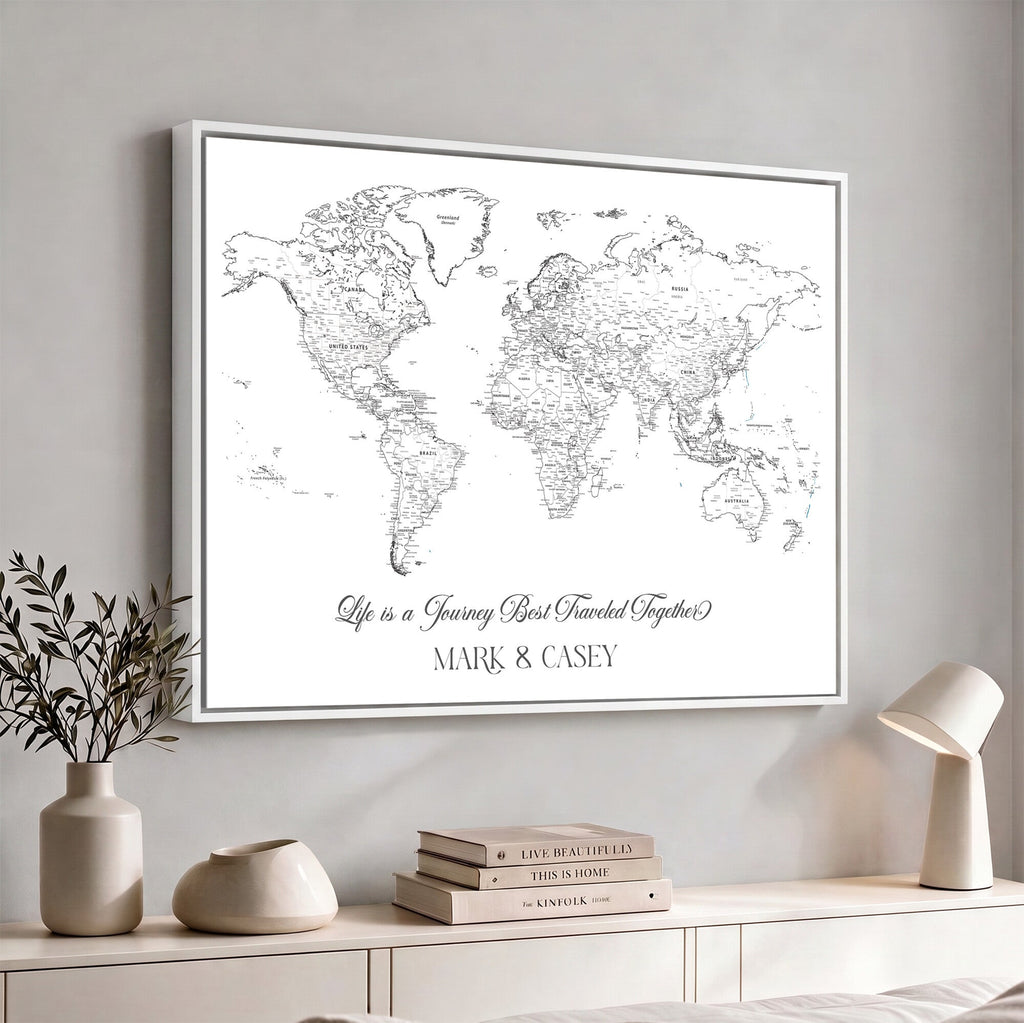 Personalized Framed Beige Modern Push Pin Travel Map Canvas Print, Couples Countries Visited Map, Living Room and Family Room Decor