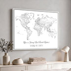 Personalized Framed Beige Modern Push Pin Travel Map Canvas Print, Couples Countries Visited Map, Living Room and Family Room Decor