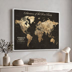 Personalized Framed Beige World Travel Map Wall Art with Pins, Couples Countries Visited Map, Family Room and Dining Room Decor