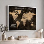 Personalized Framed Beige Geometric Push Pin Travel Map Canvas Print, Honeymoon and Anniversary Gift, Dining Room and Hallway Decor