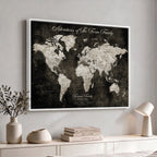 Personalized Framed Beige Push Pin World Map Canvas Print, Couples Countries Visited Map, Dining Room and Study Decor