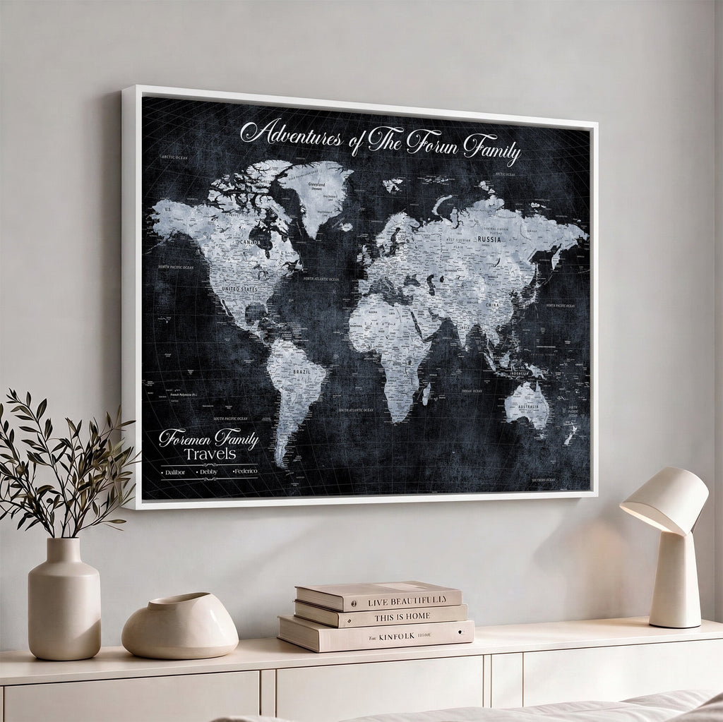 Personalized Framed Beige Modern Push Pin World Map Wall Art, Places Visited Tracker, Family Room and Dining Room Decor