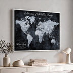 Personalized Framed Beige Modern Push Pin World Map Wall Art, Places Visited Tracker, Family Room and Dining Room Decor