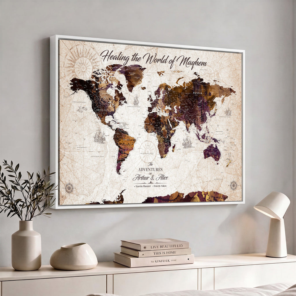 Personalized Framed Navy World Travel Map Wall Art with Pins, Honeymoon and Anniversary Gift, Living Room and Bedroom Decor