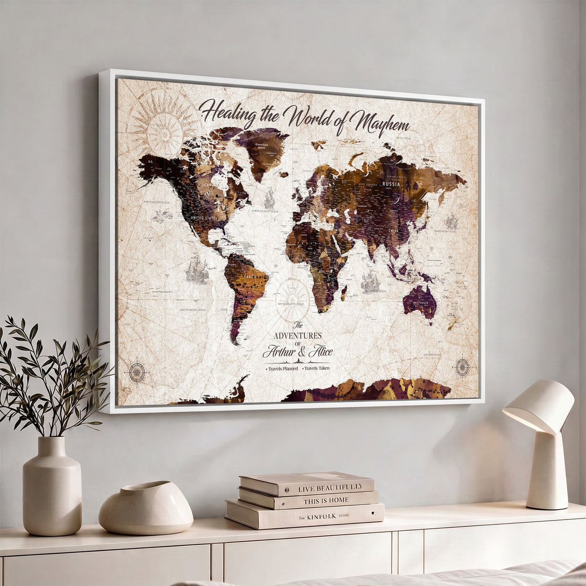Personalized Framed Navy World Travel Map Wall Art with Pins, Honeymoon and Anniversary Gift, Living Room and Bedroom Decor