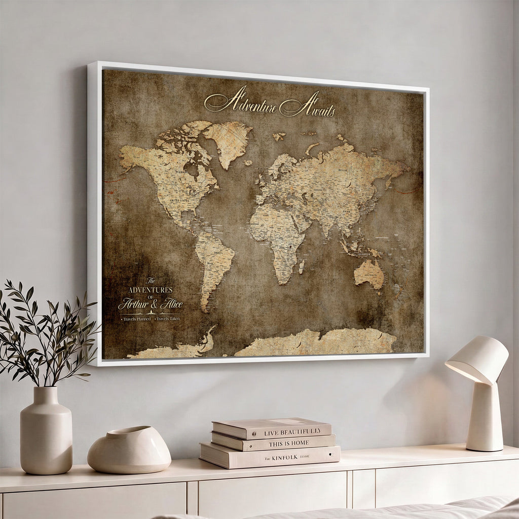 Personalized Framed Beige Push Pin Travel Map Canvas Print, Bucket List Map, Bedroom and Study Decor