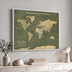 Personalized Framed Beige Geometric Push Pin World Map Canvas Print, Honeymoon and Anniversary Gift, Dining Room and Bedroom Decor