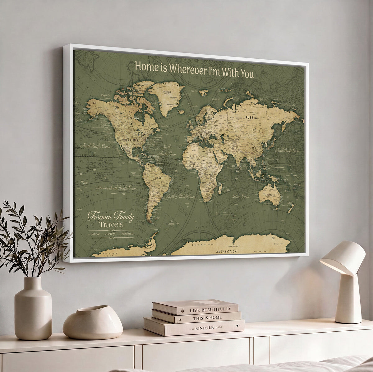 Personalized Framed Beige Geometric Push Pin World Map Canvas Print, Honeymoon and Anniversary Gift, Dining Room and Bedroom Decor