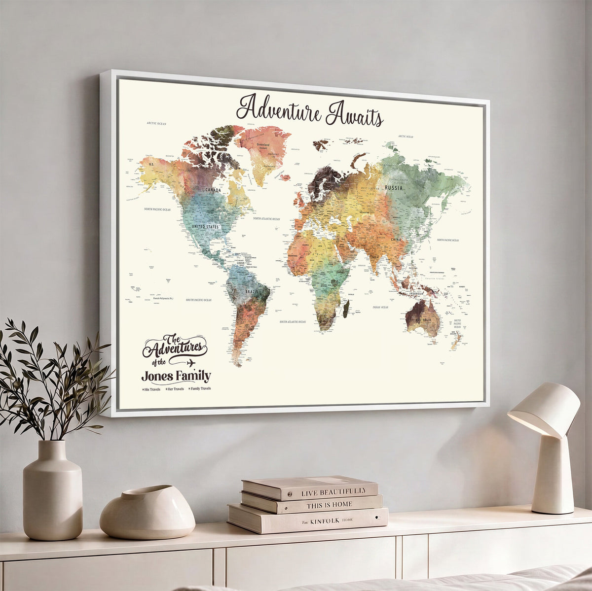 Custom Beige World Map Canvas with Push Pins, Honeymoon and Anniversary Gift, Dining Room and Entryway Decor