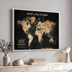 Personalized Framed Black Beige Modern World Travel Map Wall Art with Pins, Bucket List Map, Living Room and Hallway Decor