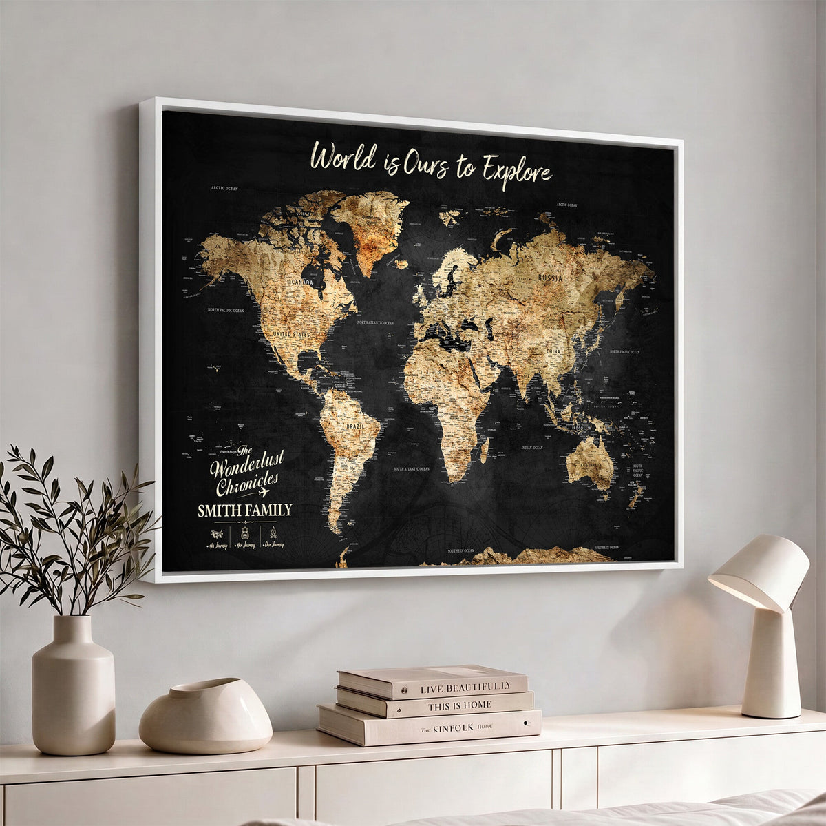 Personalized Framed Black Beige Modern World Travel Map Wall Art with Pins, Bucket List Map, Living Room and Hallway Decor
