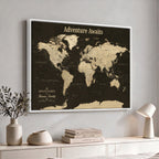Custom Beige Push Pin World Map Wall Art, Next Trip Planner Map, Living Room and Home Office Decor