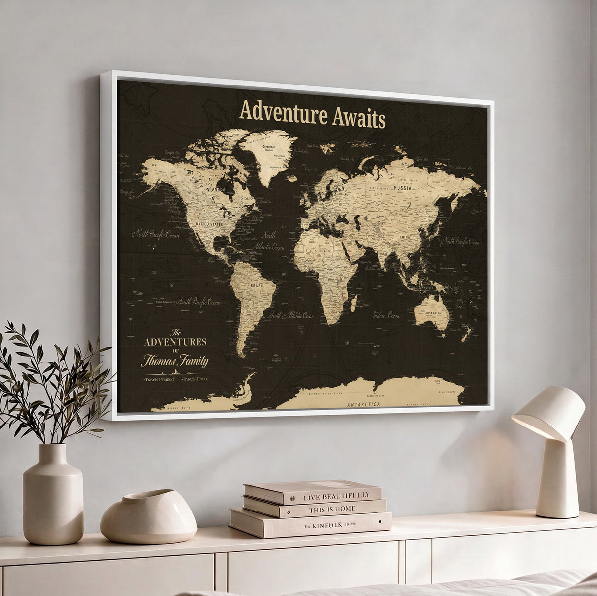 Custom Beige Push Pin World Map Wall Art, Next Trip Planner Map, Living Room and Home Office Decor